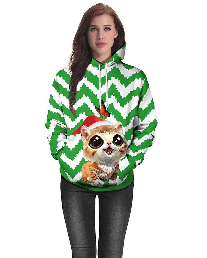 Cat In Christmas Hat Multi Striped Printed Green White Pullover Hoodie - pinkfad