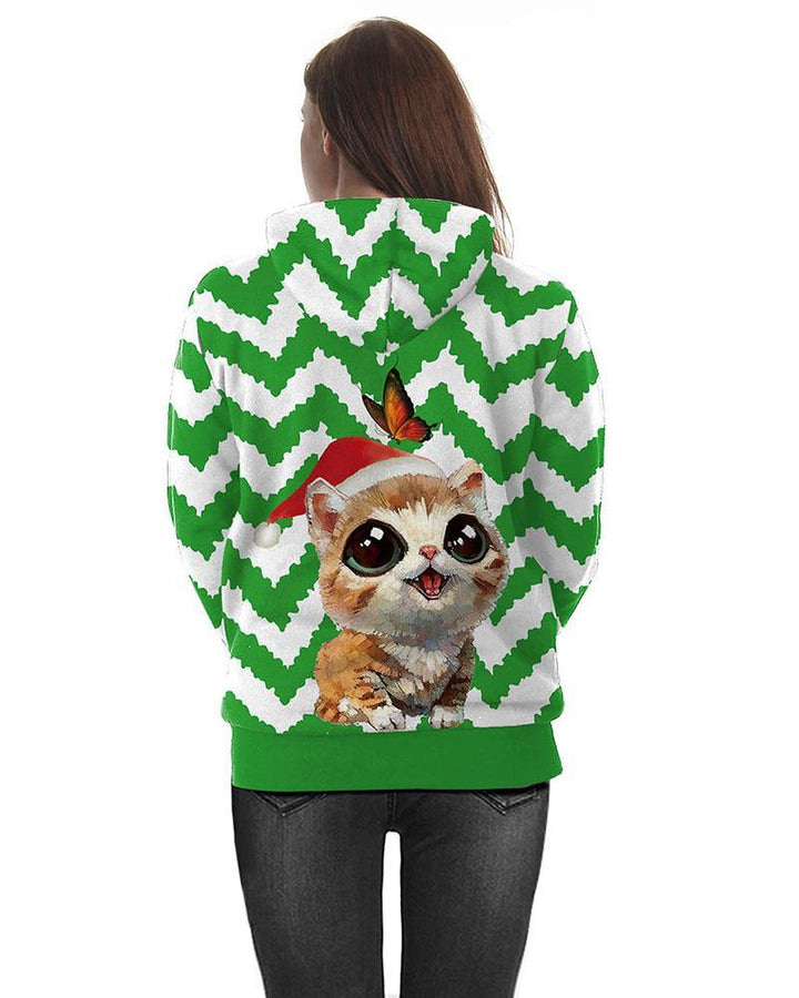 Cat In Christmas Hat Multi Striped Printed Green White Pullover Hoodie - pinkfad