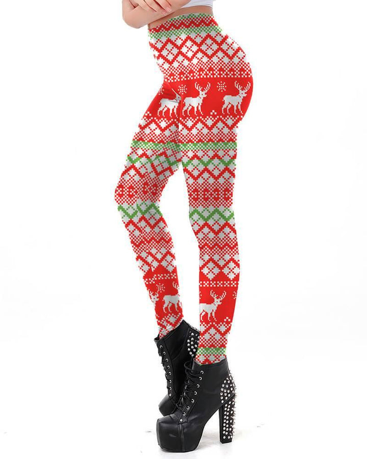 Classic Ugly Christmas Reindeer Workout Sporty Womens Leggings - pinkfad