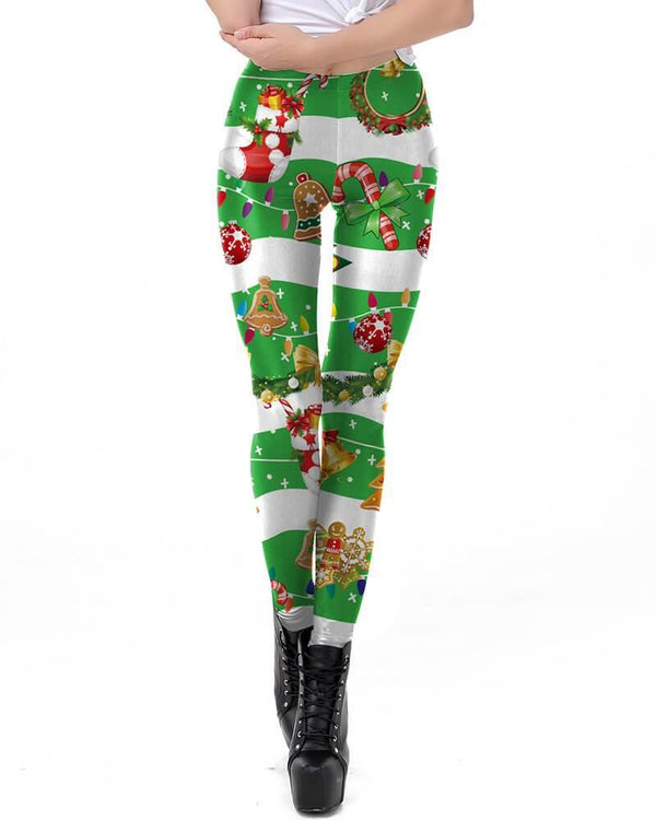 Christmas Candy Jingle Bell Striped Green Stretchy Womens Leggings