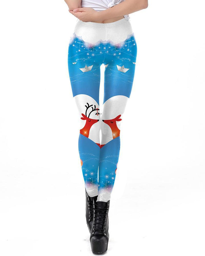 Christmas Lovers Reindeer Printed Blue White Leggings