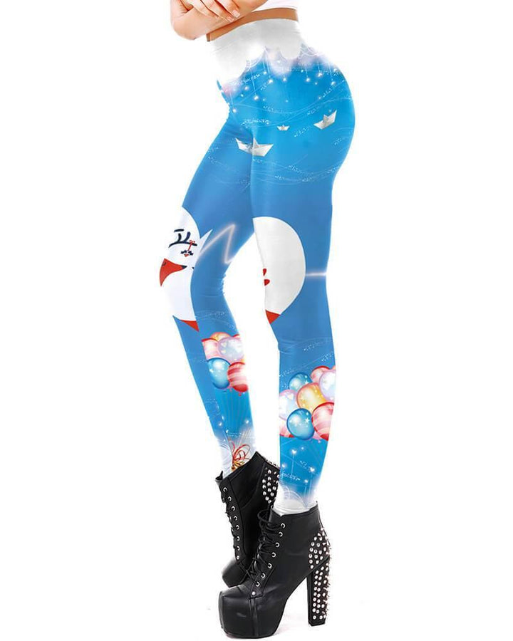 Christmas Lovers Reindeer Printed Blue White Leggings - pinkfad