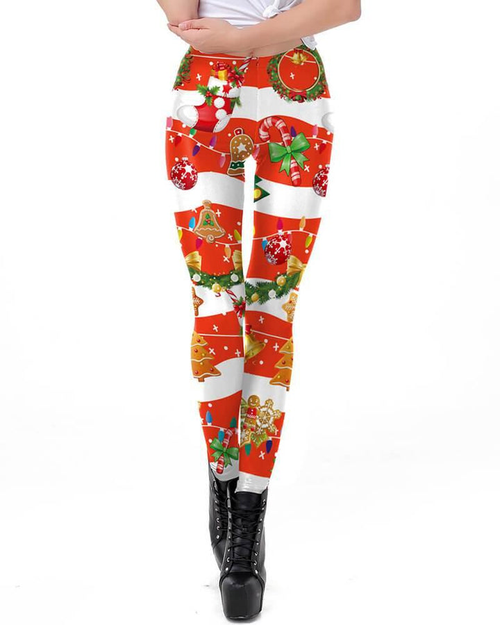 Cute Christmas Candy Wreath Stocking Printed Red Christmas Leggings