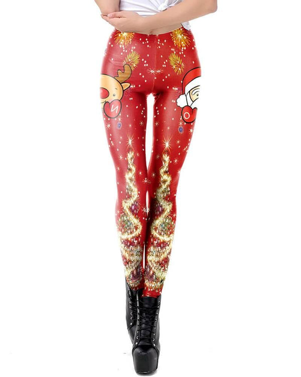 Funny Santa Claus And Rudolf Red Merry Christmas Leggings