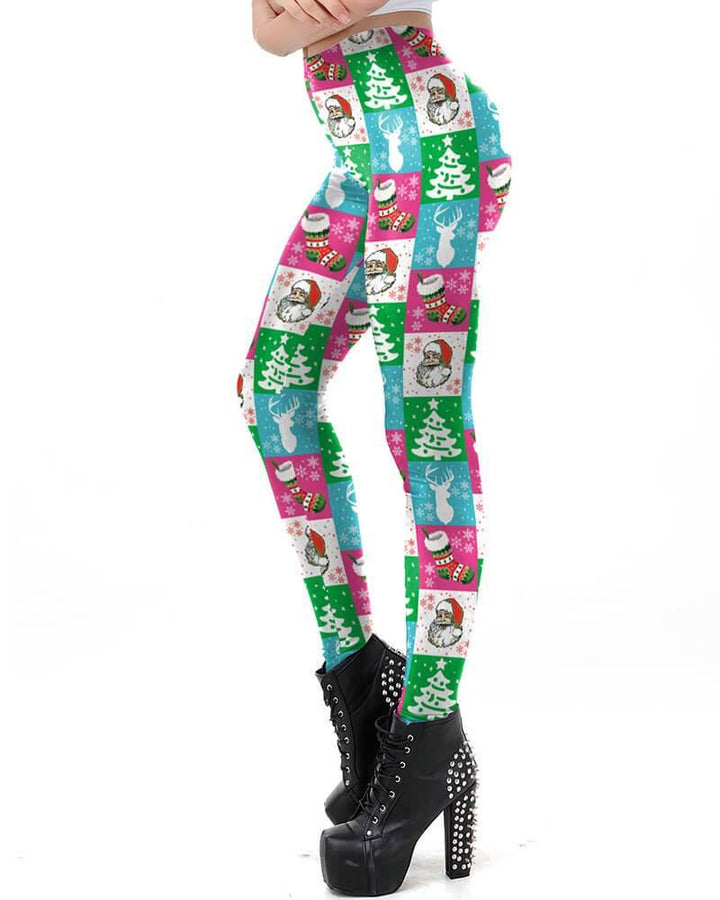 Plaid Santa Claus And Christmas Stocking Printed Blue Green Leggings - pinkfad