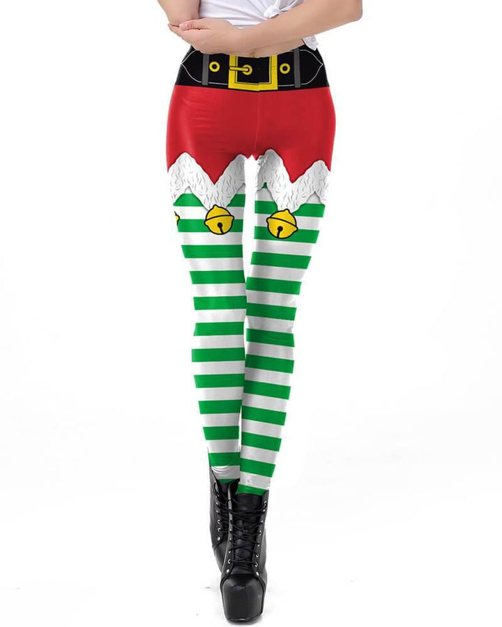 Red Green Jingle Bell Shorts Pattern Printed Christmas Elf Leggings