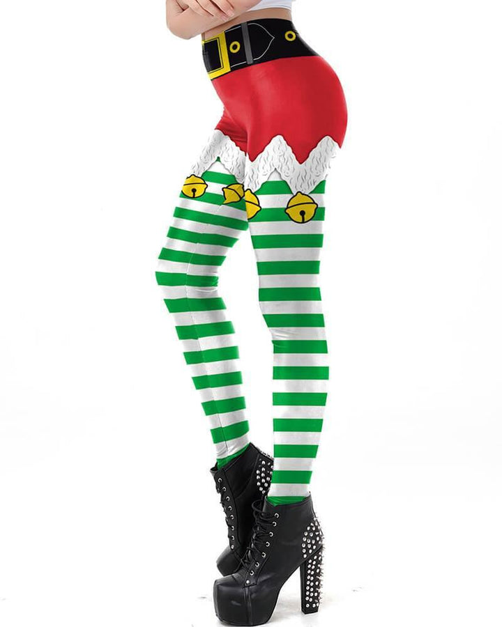 Red Green Jingle Bell Shorts Pattern Printed Christmas Elf Leggings - pinkfad