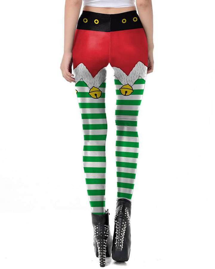 Red Green Jingle Bell Shorts Pattern Printed Christmas Elf Leggings - pinkfad