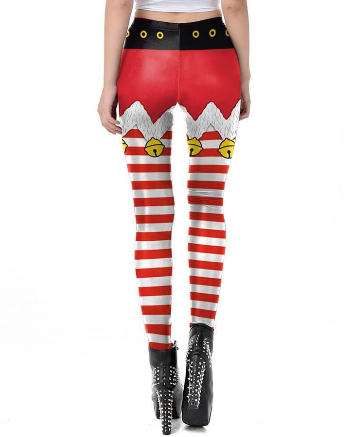 Red White Jingle Bell Shorts Pattern Printed Christmas Elf Leggings - pinkfad
