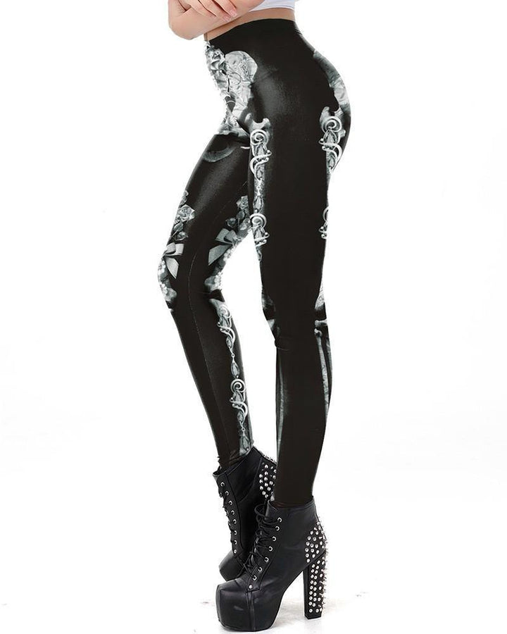 Black Halloween Skeleton Print Leggings Costume - pinkfad