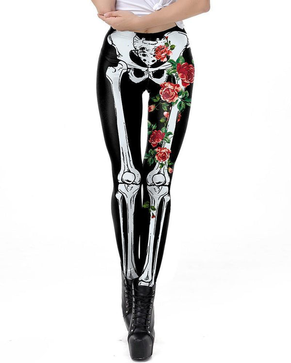 Black Rose Skeleton Print Halloween Leggings