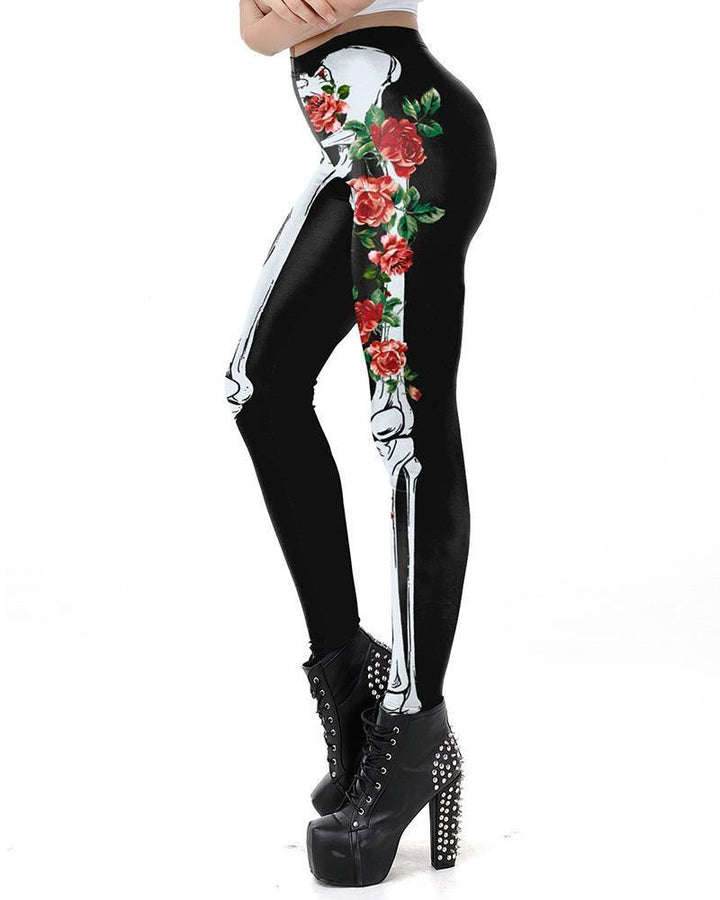 Black Rose Skeleton Print Halloween Leggings - pinkfad