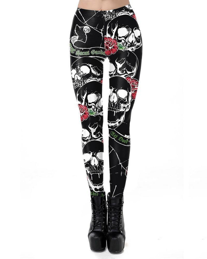 Black Skull Rose Print Halloween Costume Print Leggings