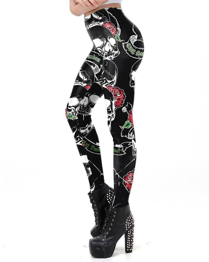 Black Skull Rose Print Halloween Costume Print Leggings - pinkfad