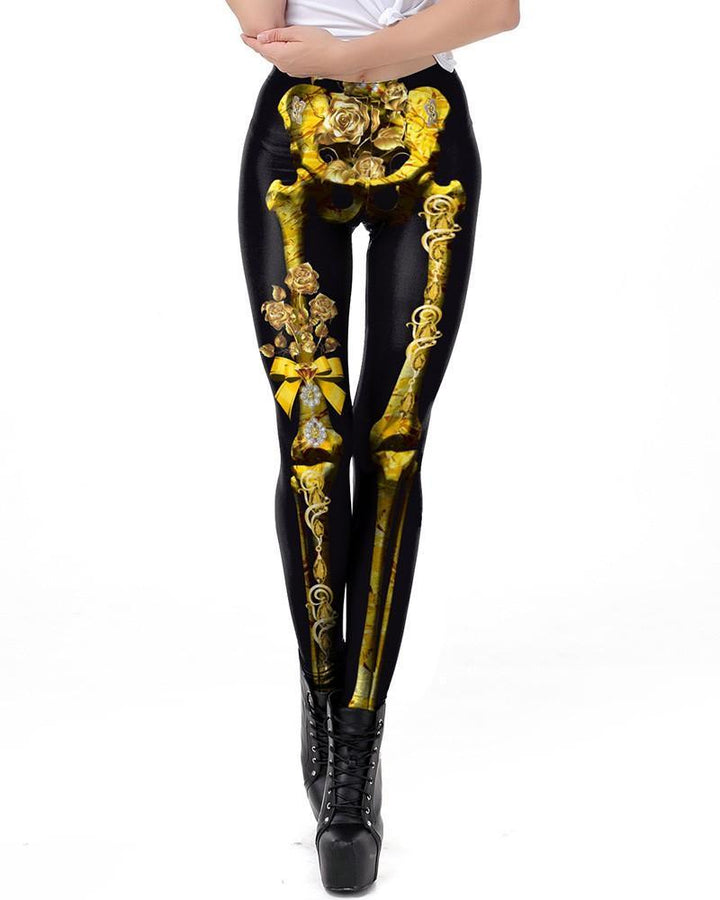 Gold Skeleton Rose Print Black Halloween Leggings