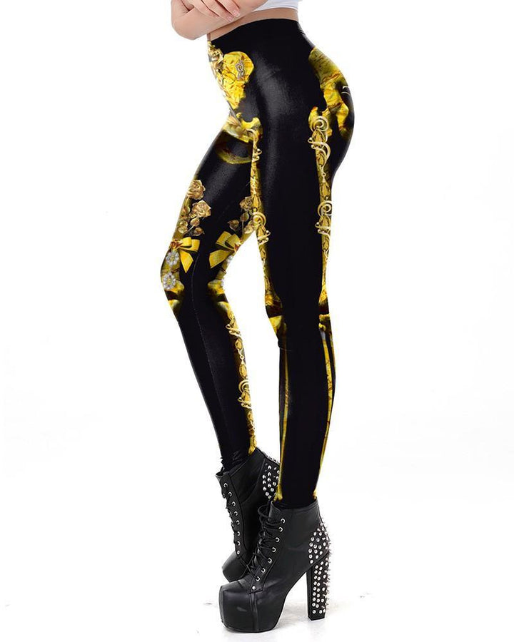 Gold Skeleton Rose Print Black Halloween Leggings - pinkfad