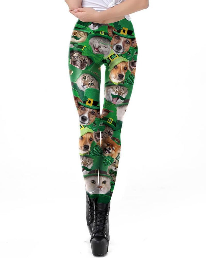 Puppy And Kitty In The Green Hat Printed Womens St. Patrick Leggings - pinkfad