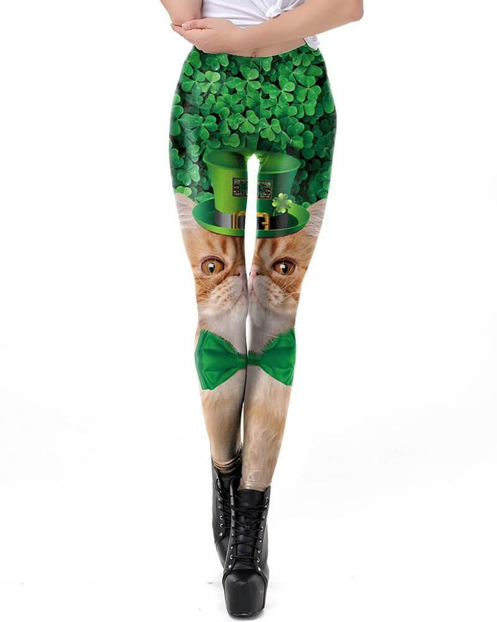 Green Clover With Kitty In The Green Hat Printed St. Patrick Leggings