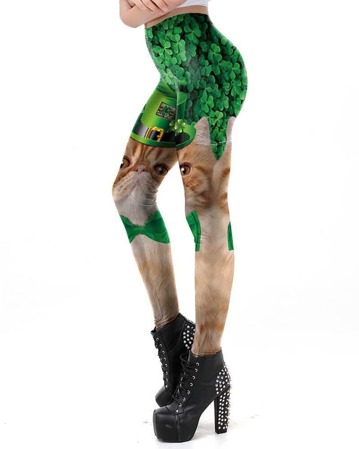 Green Clover With Kitty In The Green Hat Printed St. Patrick Leggings - pinkfad