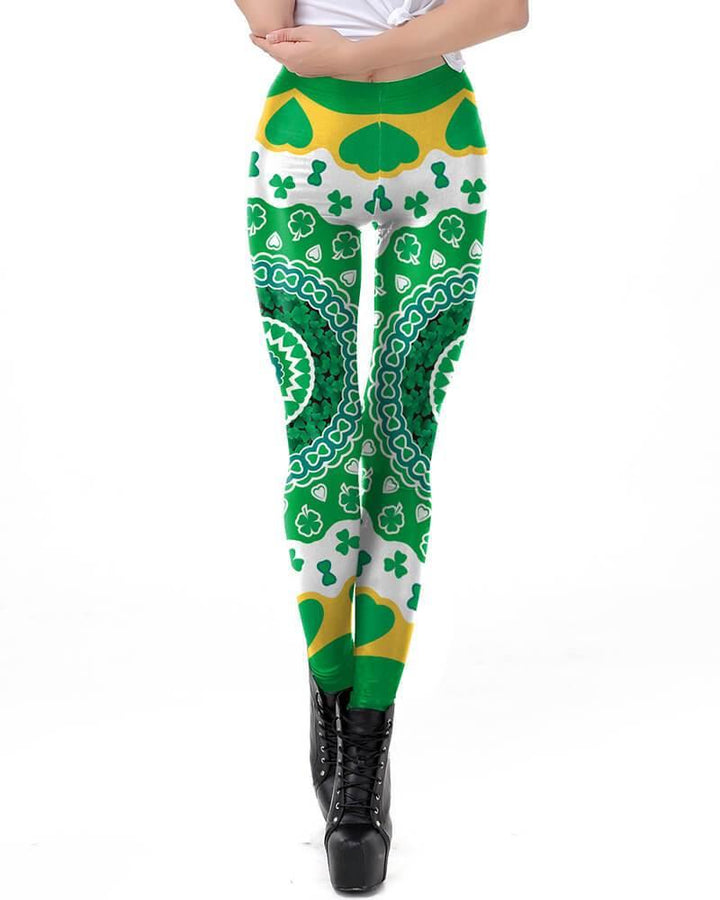 Green Circular Ornament Clover Printed Womens St. Patrick Leggings
