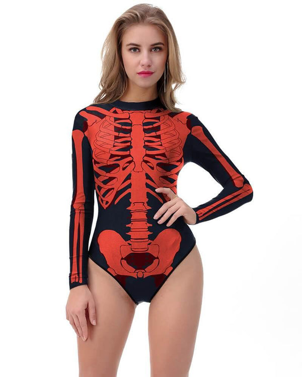 Scary Skeleton Print Womens Long Sleeve Rash Guard Swimsuit