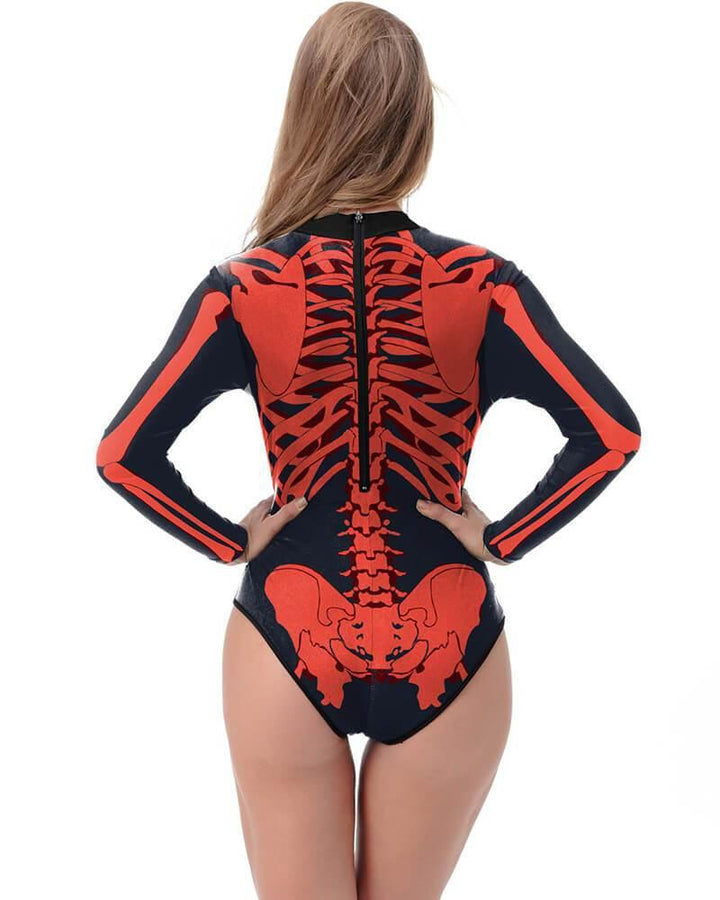 Scary Skeleton Print Womens Long Sleeve Rash Guard Swimsuit - pinkfad