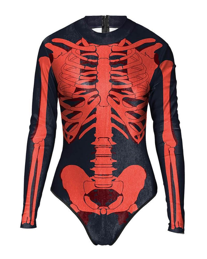 Scary Skeleton Print Womens Long Sleeve Rash Guard Swimsuit - pinkfad