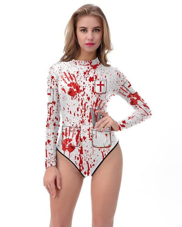 Splash Blood And Red Cross Scary Halloween Nurse Long Sleeve Swimsuit