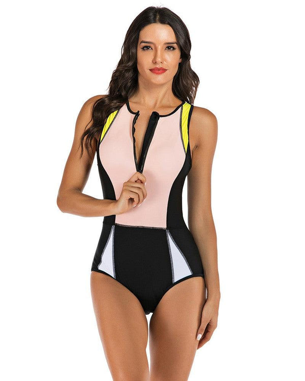 Black Pink Color Contrast Zippered Front Padded One Piece Swimsuit