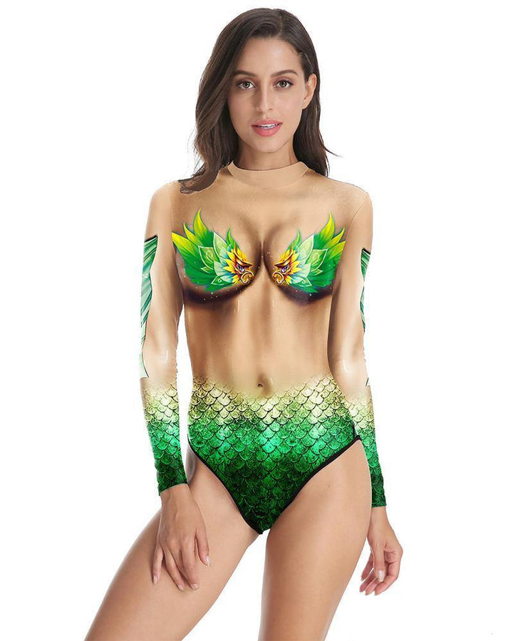 Green Fish Scale Mermaid Top Print Long Sleeve Skin Swimsuit Bodysuit
