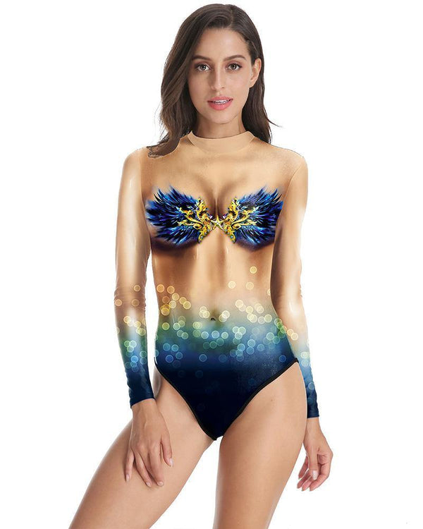 Womens Top Skin And Sea Print Long Sleeve Bodysuit Rashguard Swimsuit