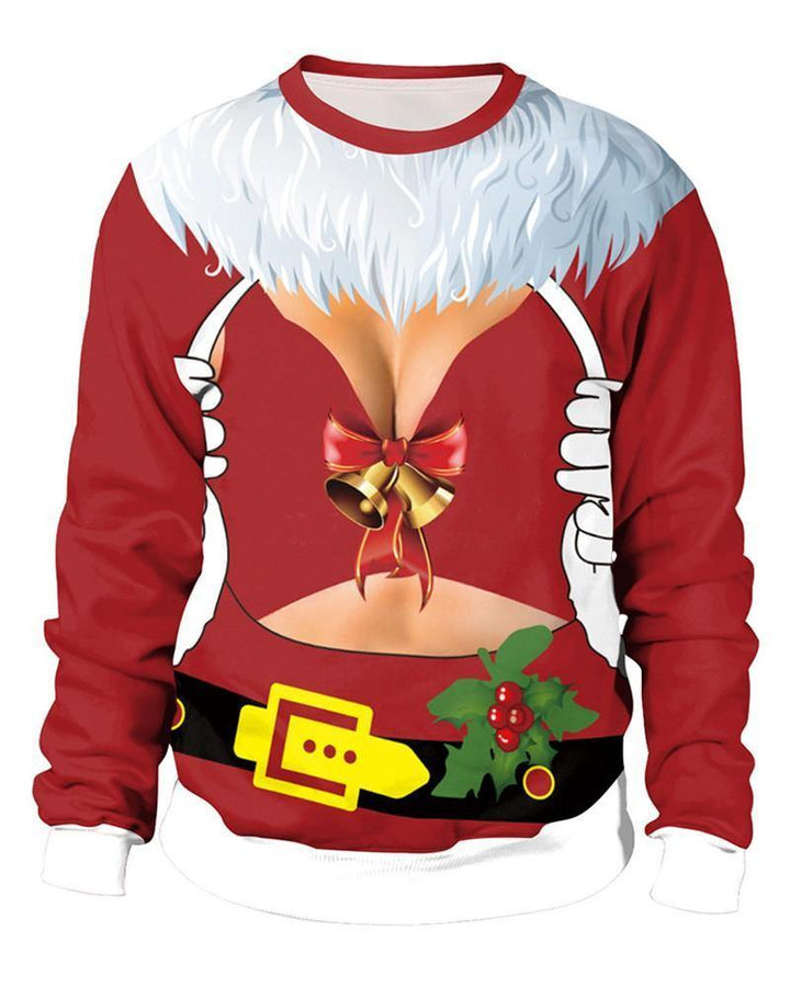 Women Chest Red Christmas Santa Claus Coat Print Pullover Sweatshirt