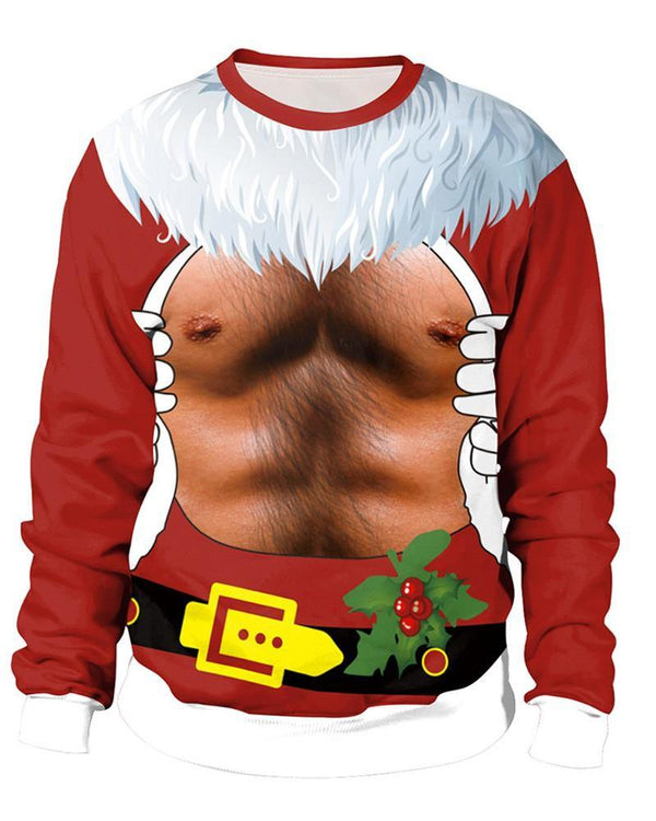 Men Chest Red Christmas Santa Claus Coat Print Pullover Sweatshirt