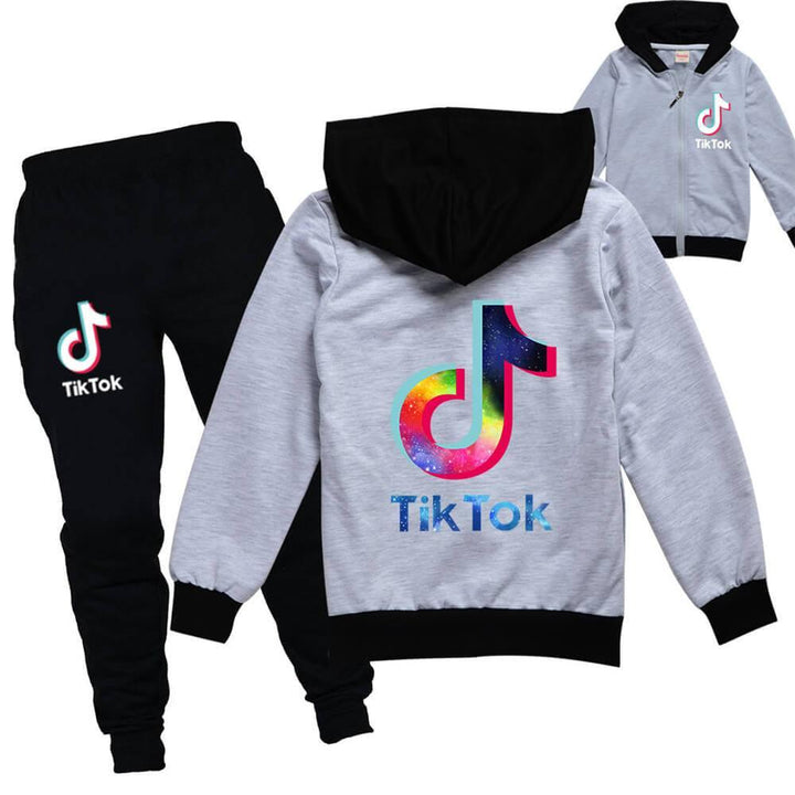 Colorful Tiktok Print Girls Boys Zip Up Hoodie And Joggers Outfit Suit