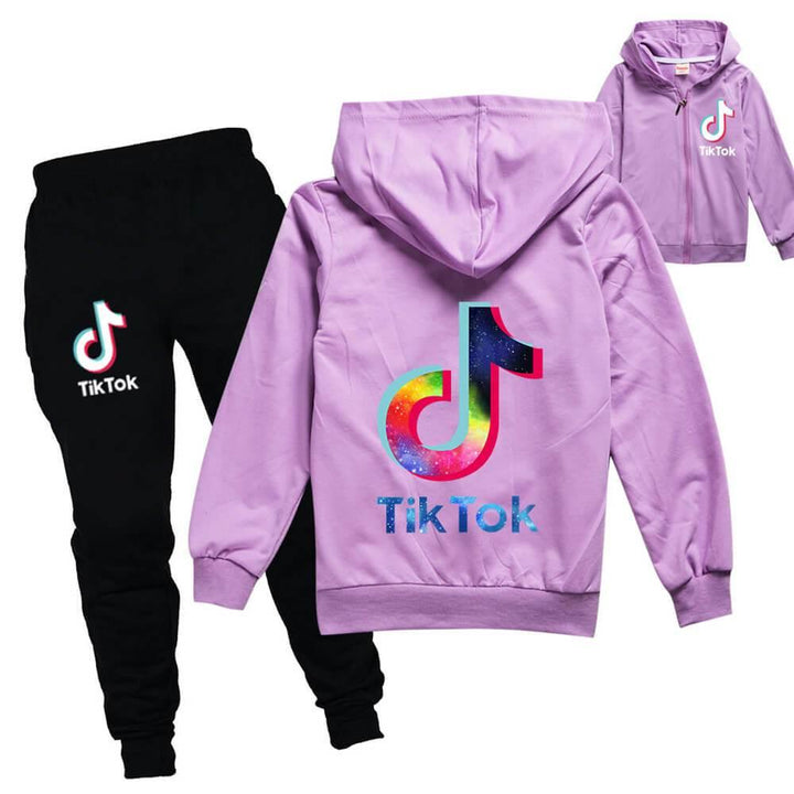Colorful Tiktok Print Girls Boys Zip Up Hoodie And Joggers Outfit Suit - pinkfad