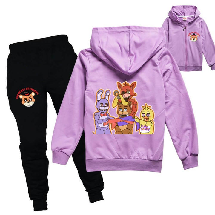 Five Nights At Freddy Print Girls Boys Zip Up Hoodie And Pants Outfit - pinkfad