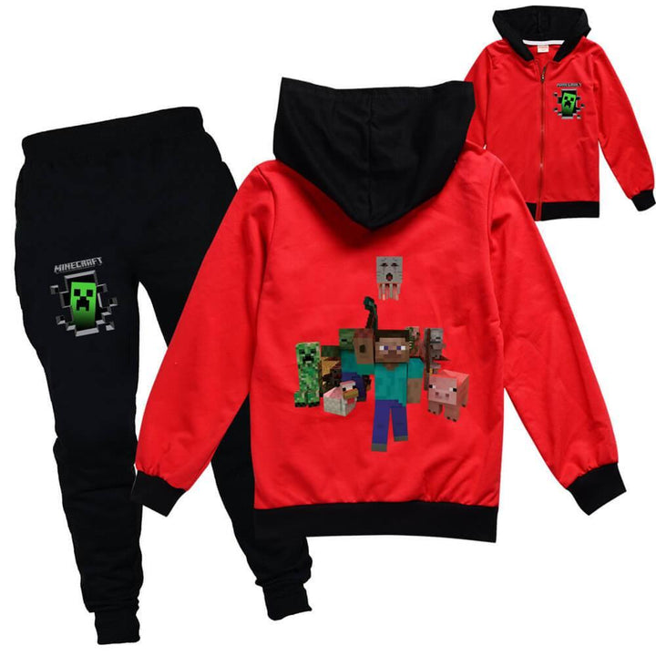 Minecraft Figures Print Girls Boys Cotton Hooded Jacket Joggers Suit - pinkfad