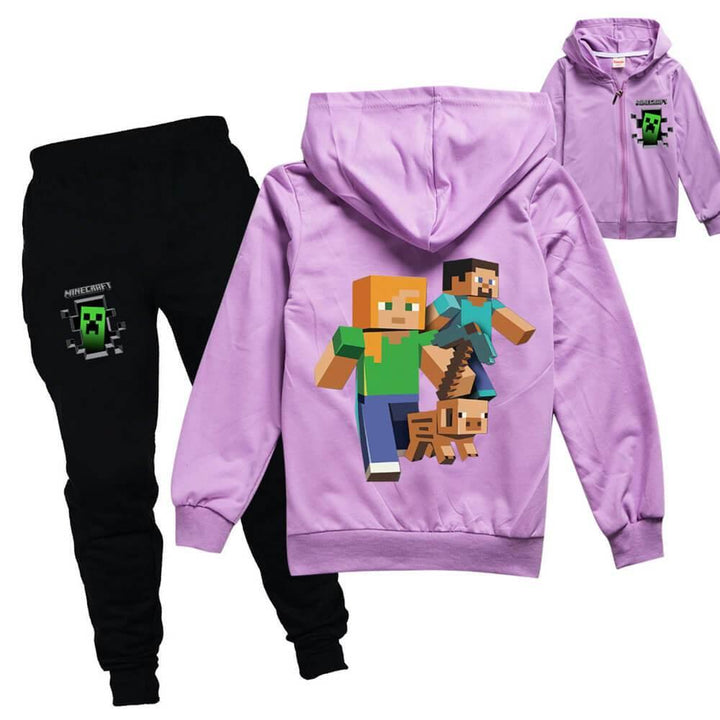 Minecraft Print Girls Boys Cotton Zipup Hoodie And Joggers Hooded Suit - pinkfad