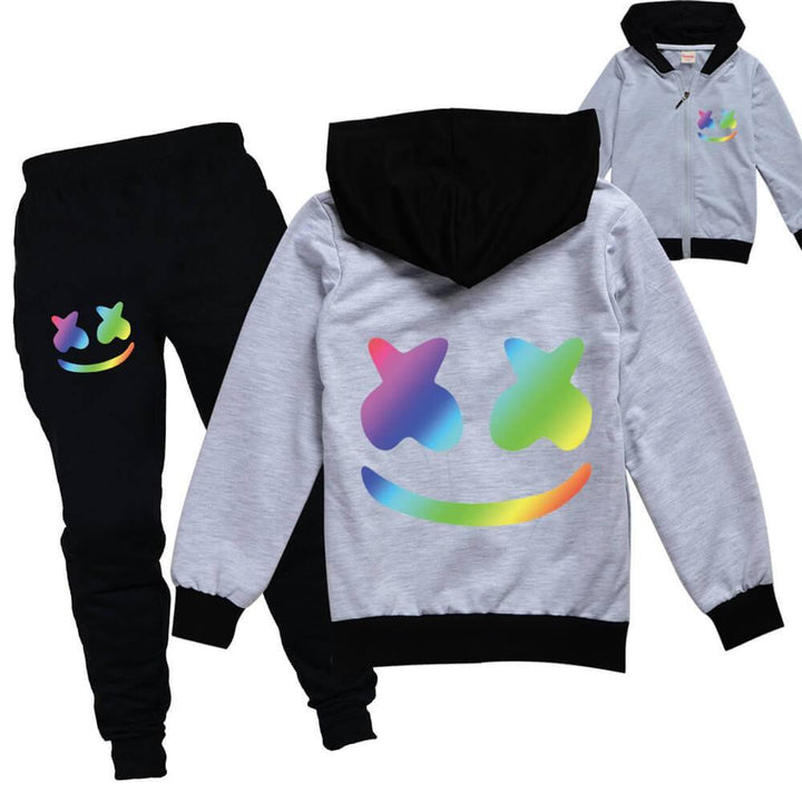 Smile Marshmello Print Girls Boys Cotton Zipup Hoodie And Pants Outfit