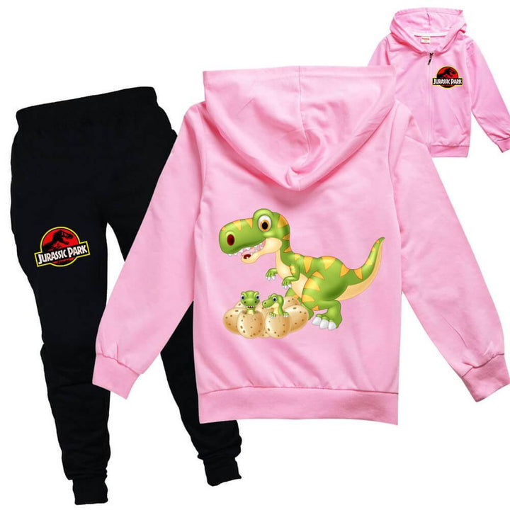 Cute Jurassic Park Dinosaur Print Girls Boys Zip Up Hoodie Pants Suit - pinkfad