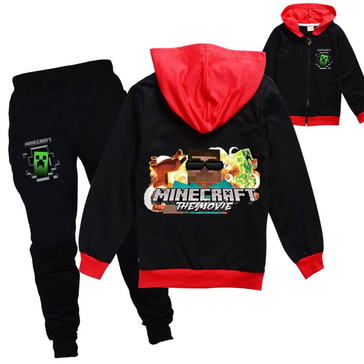 Girls Boys Minecraft Print Cotton Zip Up Hoodie And Joggers Outfit - pinkfad