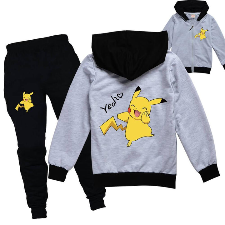 Pikachu Yeah Print Girls Boys Cotton Jacket And Joggers Outfit Suit