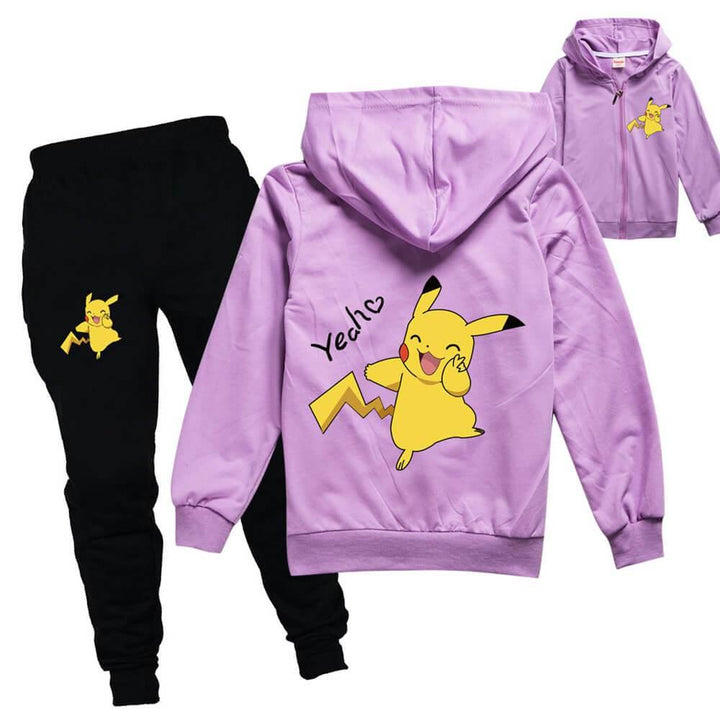 Pikachu Yeah Print Girls Boys Cotton Jacket And Joggers Outfit Suit - pinkfad