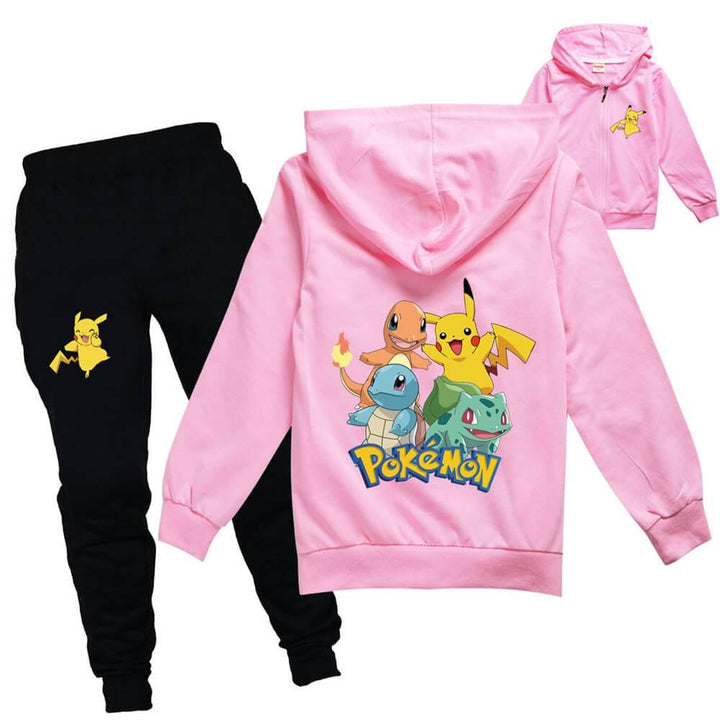 Pokemon Pikachu Print Girls Boys Cotton Jacket And Joggers Outfit Suit - pinkfad