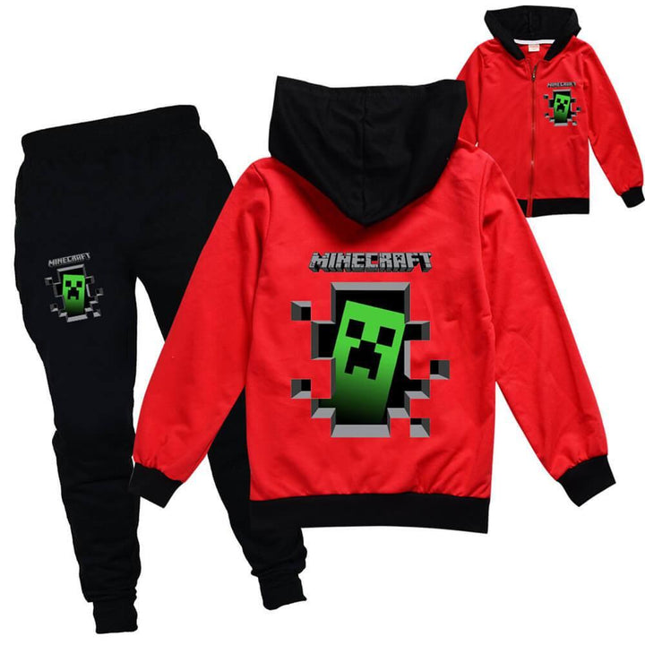 Green Ghost Minecraft Print Girls Boys Cotton Jacket And Pants Outfit - pinkfad