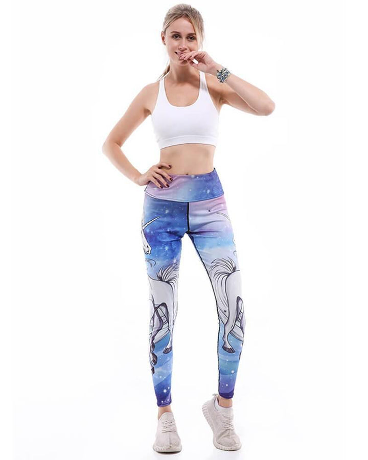 Unicorn In The Galaxy Light Blue Nebula Printed Workout Yoga Leggings - pinkfad