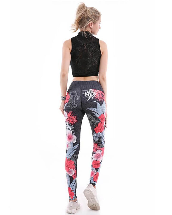 Tropical Floral Print Jacquard Wide Waistband Yoga Workout Leggings - pinkfad