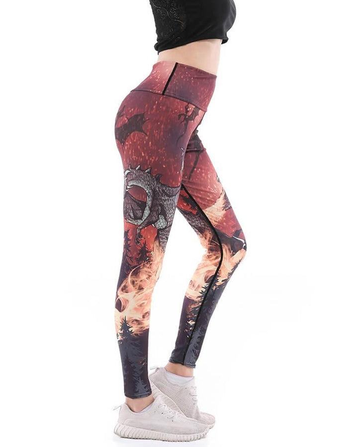 Dragon Spurted Fire Burning The Forest Printed Yoga Stretch Leggings