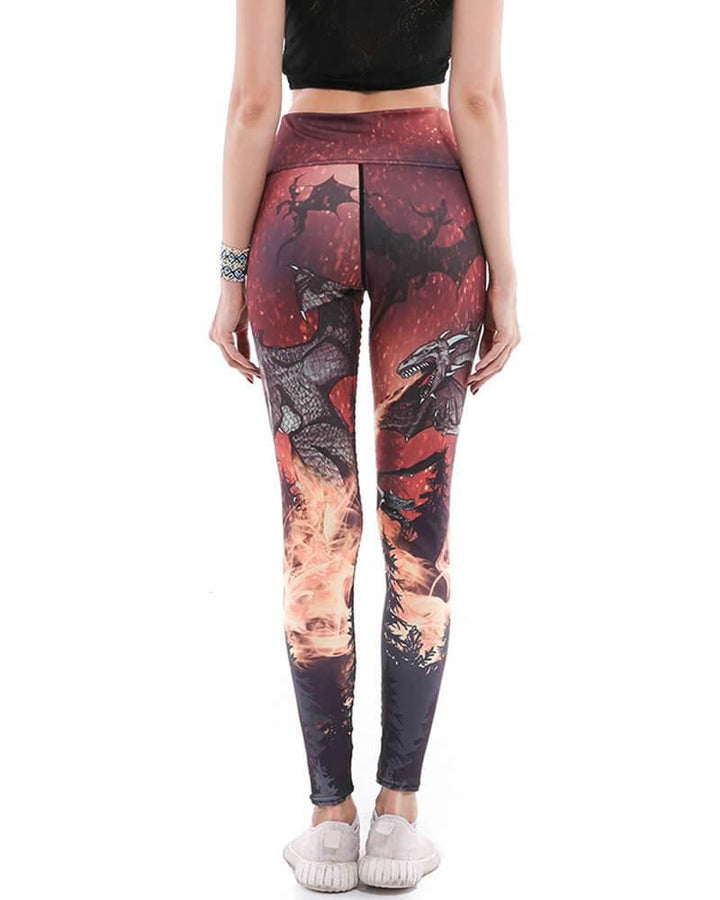 Dragon Spurted Fire Burning The Forest Printed Yoga Stretch Leggings - pinkfad