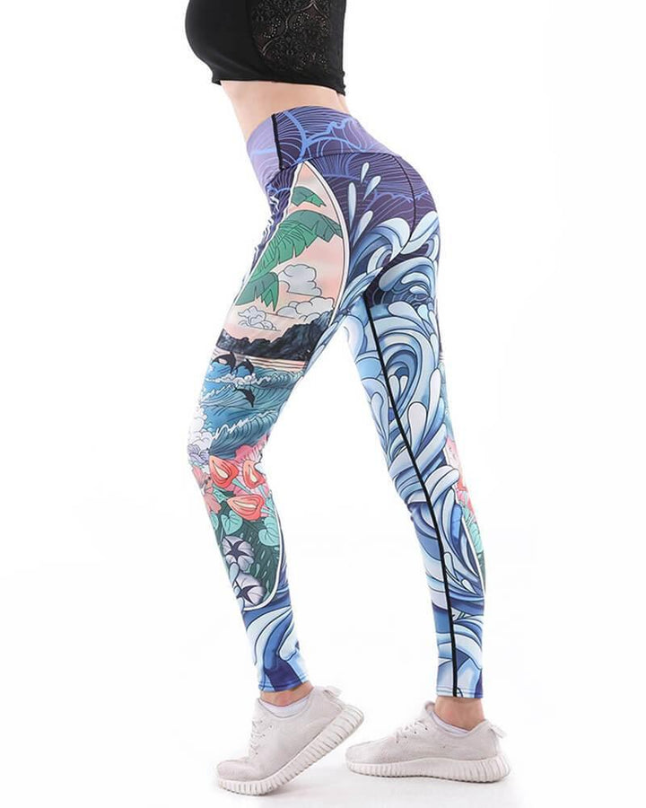 Dolphin Enjoy The Large Wave Design Printed Active Gym Yoga Leggings